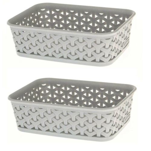 Curver 2 x Grey A6 Small Curver Nestable Plastic Rattan Storage Basket Tray