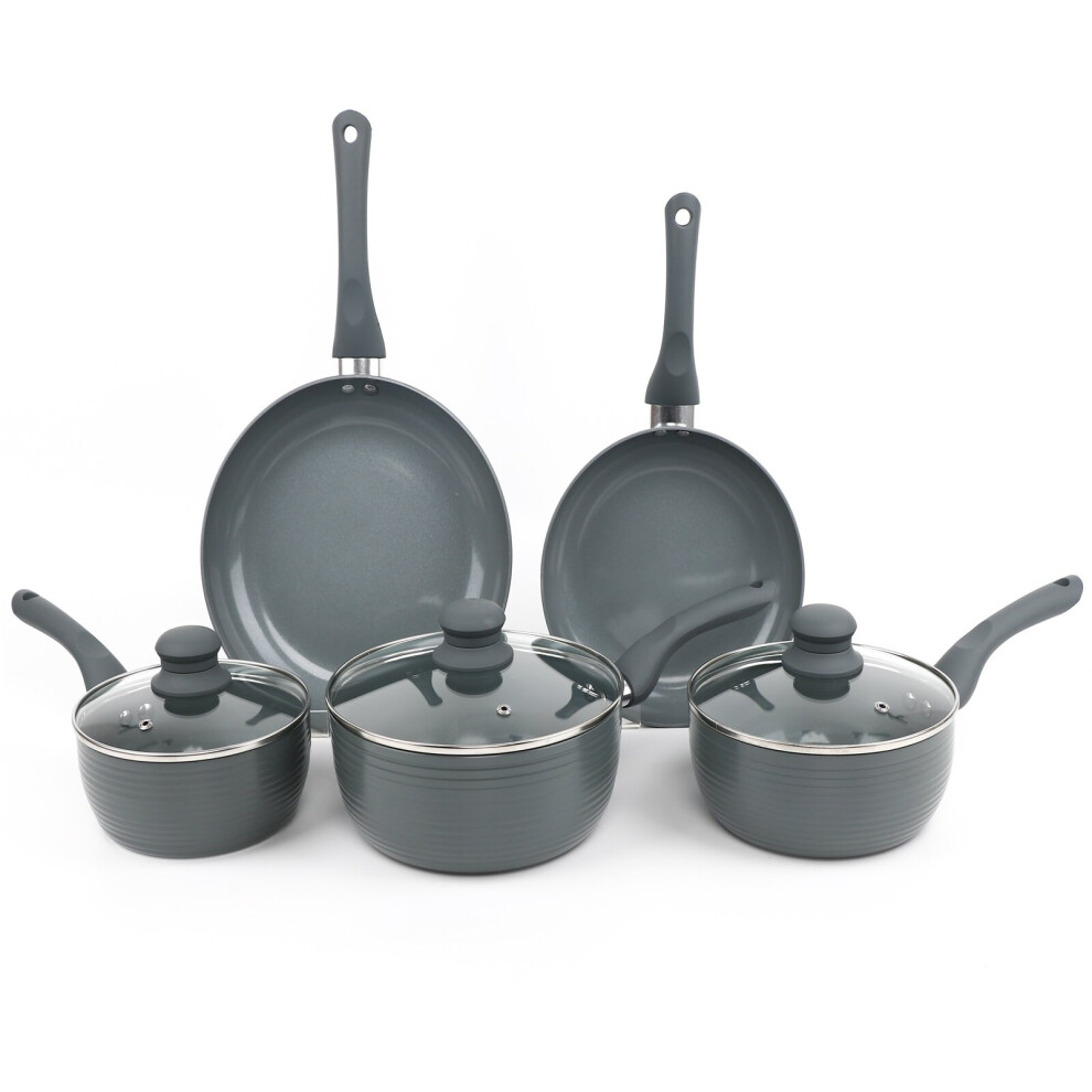 Grey 8 Piece Ribbed Cookware Set Non Stick Pans Saucepans Cooking Pots