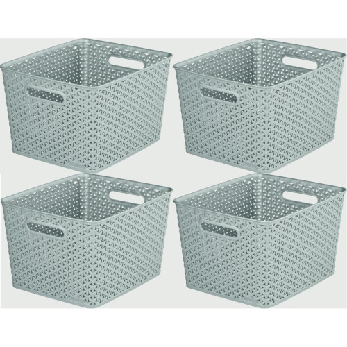 Curver 4 x Grey 18L Curver Nestable Plastic Rattan Storage Basket 35.5cm
