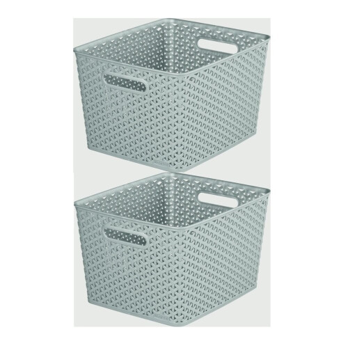 Curver 2 x Grey 18L Curver Nestable Plastic Rattan Storage Basket 35.5cm
