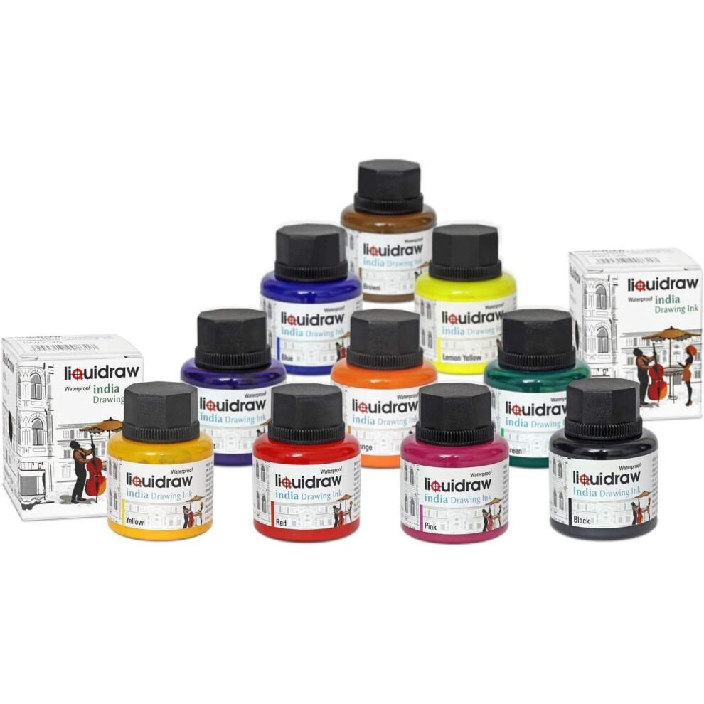 Liquidraw Coloured Drawing Ink Set India Ink, Waterproof, Set of 10 Assorted Colours, 35ml