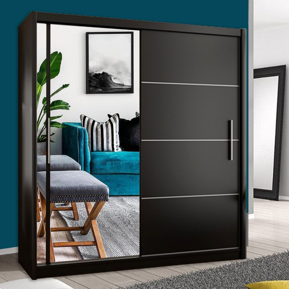 (Black, 203cm) Modern Vision Sliding Door Mirror Wardrobe