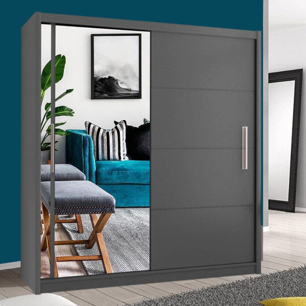 (Grey, 150cm) Modern Vision Sliding Door Mirror Wardrobe