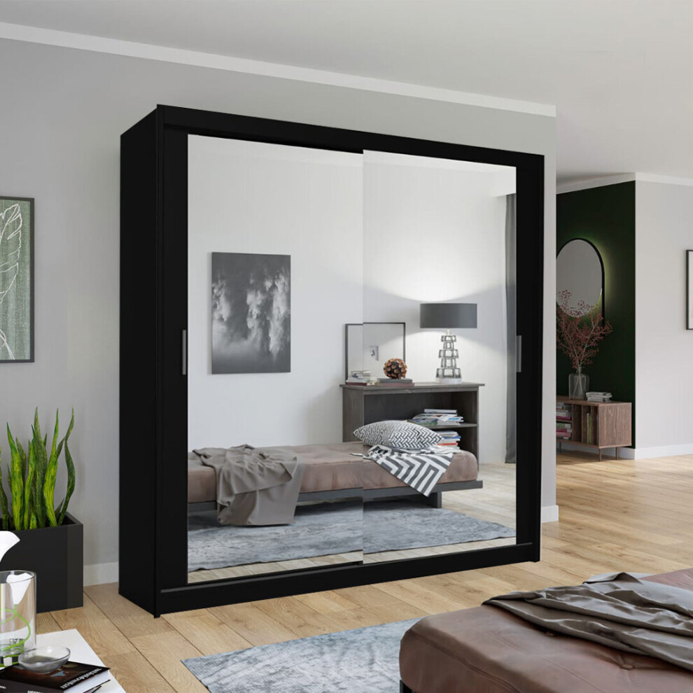 (Black, 120cm) MN FURNITURE Double Mirror Sliding Door Wardrobe