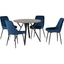 (Sapphire Blue Velvet) Athens Concrete Effect/Black Round Dining Set with Avery Chairs - Table with 4 Chairs