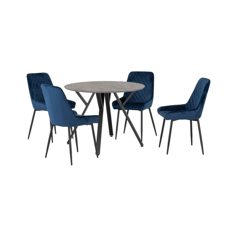 Seconique (Sapphire Velvet) Athens Concrete Effect/Black Round Dining Set With Avery Chairs - Table With 4 Chairs Blue