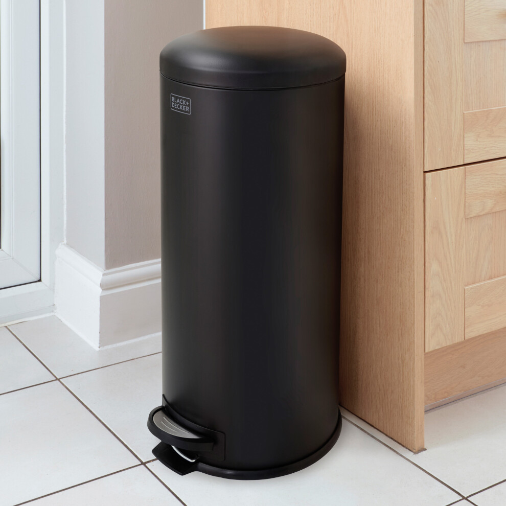 (Matte Black, 30L) BLACK+DECKER Stainless Steel Dome Shaped Pedal Bins with Soft Close Lids