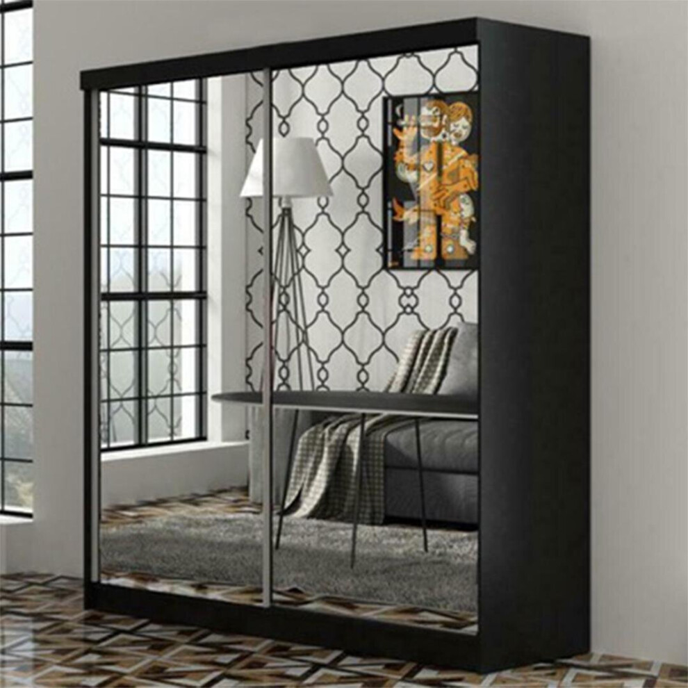 (Black, 150cm) MN Furniture Queen Mirrored Sliding Door Wardrobe