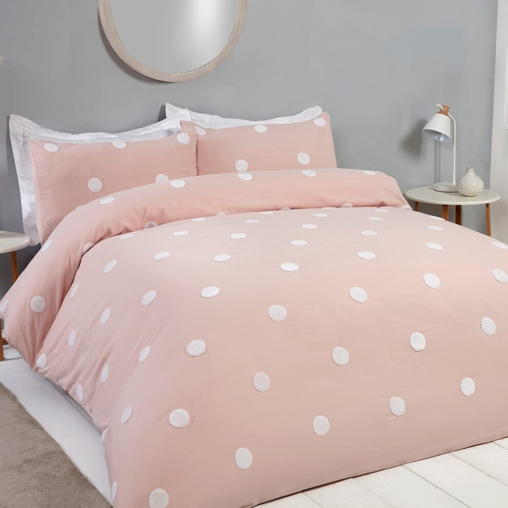 Sleepdown Tufted Polka Dots Circles Blush Pink White Soft Cosy Easy Care Luxury Duvet Cover Quilt Bedding Set with Pillowcases - Double (200cm x