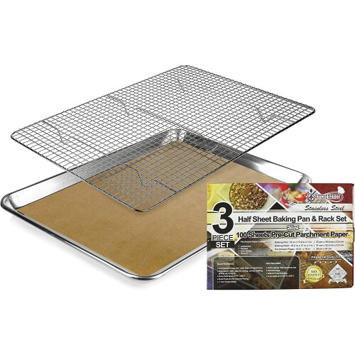 Baking Tray Pan & Cooling Rack Half Sheet w/ Pre-Cut Parchment Paper 1