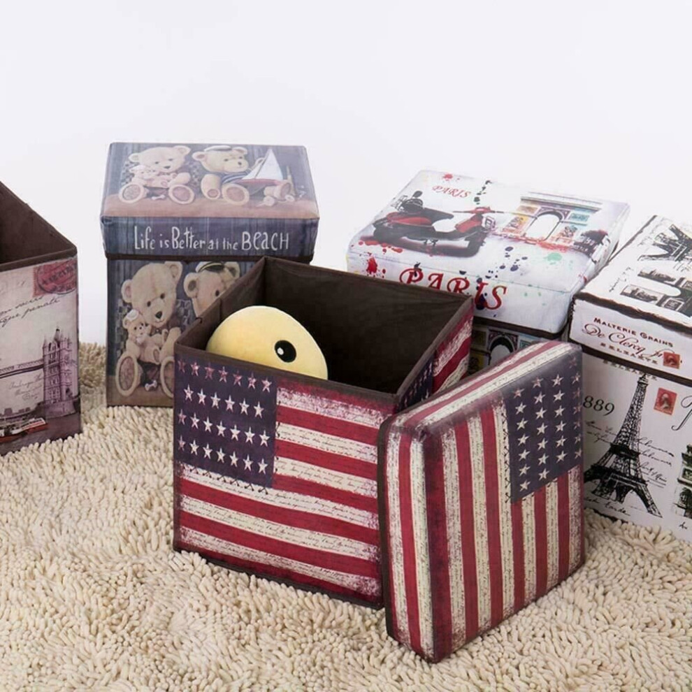 (USA FLAG ) Ottoman Seat Stool Storage Boxes Chair Bench Lid