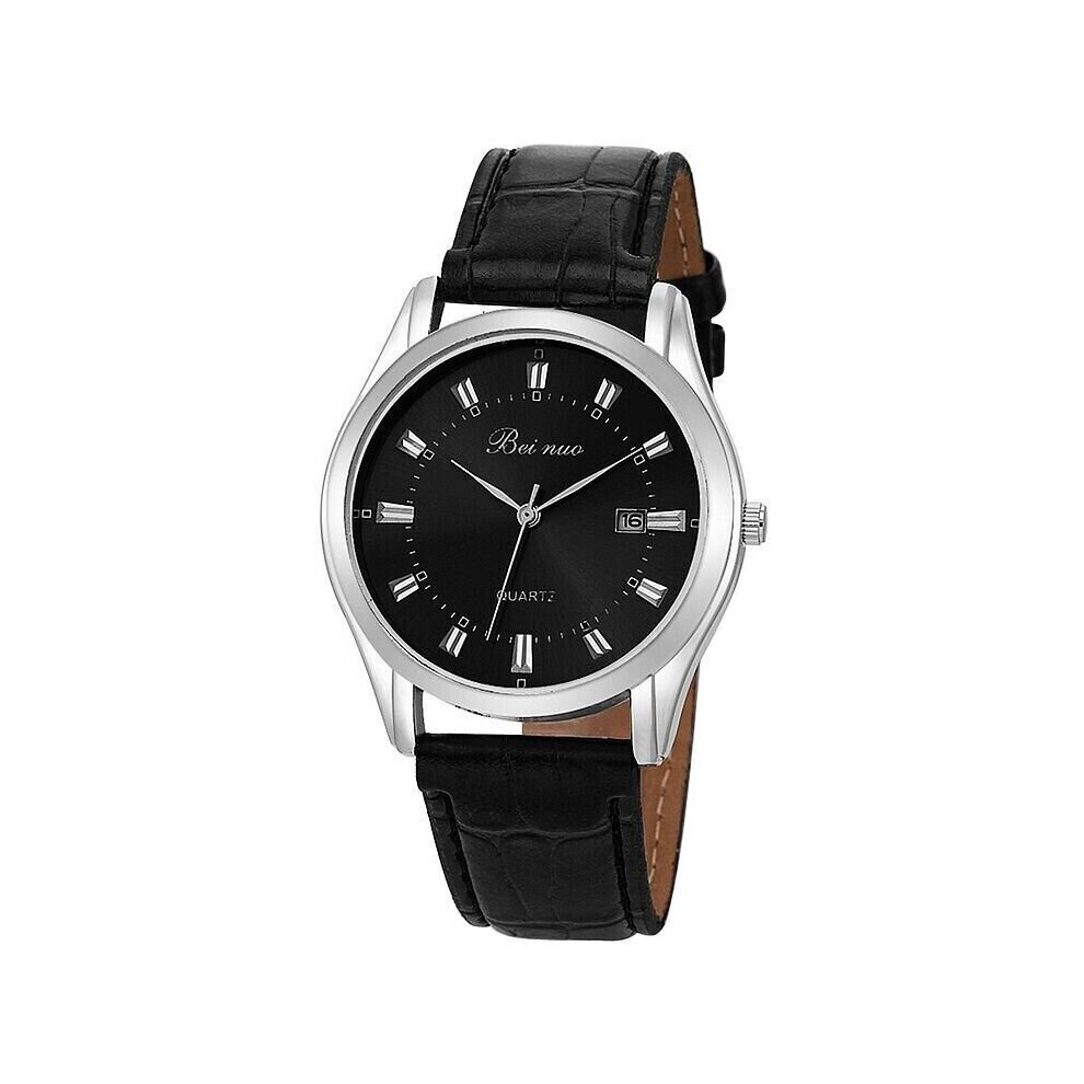 (Black) Military Leather Stainless Steel Quartz Analog Army Men's Wrist Watches