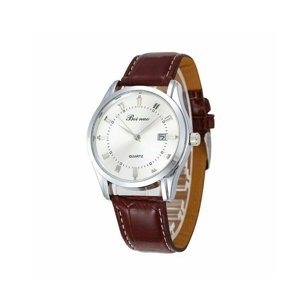 (Brown Strap/Silver Dial) Military Leather Stainless Steel Quartz Analog Army Men's Wrist Watches