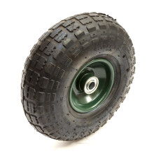 37109 10 Inch Green Metal Wheel & Pneumatic Tyre (4.10-4 / 3.50-4), Offset Hub for Garden Trollies, 2-Ply, 15-16mm Axle