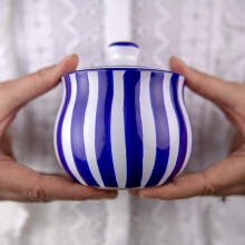 City to Cottage? Navy Blue Striped Handmade Hand Painted Ceramic Sugar Bowl Pot with Lid | Jam Honey Jar
