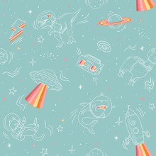 Muriva Space Animals T Rex UFO Childrens Wallpaper Turquoise M36804