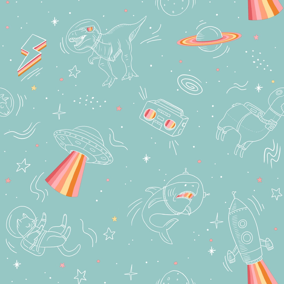 Photos - Wallpaper Muriva Space Animals T Rex UFO Childrens Turquoise M36804