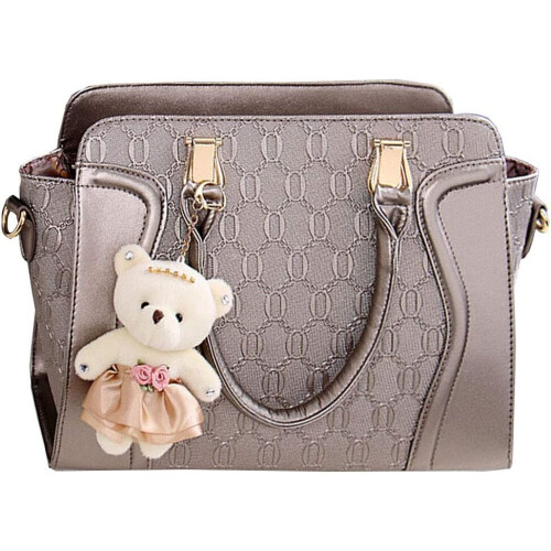 FiveloveTwo Women Ladies 4Pcs Handbag Set Tote Satchel Shoulder Bag PU Top Handle Bag Purse Clutch Card Holder with Bear Ornaments 1