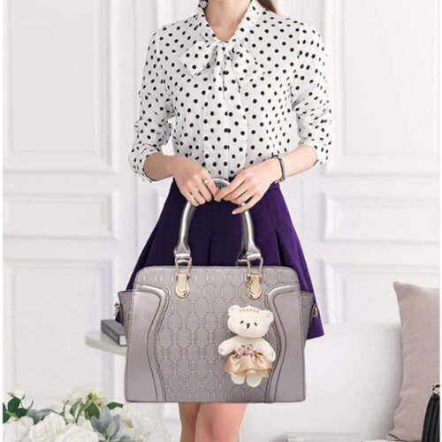 FiveloveTwo Women Ladies 4Pcs Handbag Set Tote Satchel Shoulder Bag PU Top Handle Bag Purse Clutch Card Holder with Bear Ornaments 2