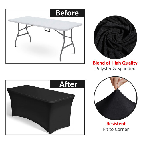 (Black) 6FT Rectangular Spandex Stretch Tight Fit Table Cover Trestle Tablecloth UK 2
