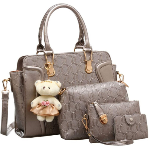 FiveloveTwo Women Ladies 4Pcs Handbag Set Tote Satchel Shoulder Bag PU Top Handle Bag Purse Clutch Card Holder with Bear Ornaments