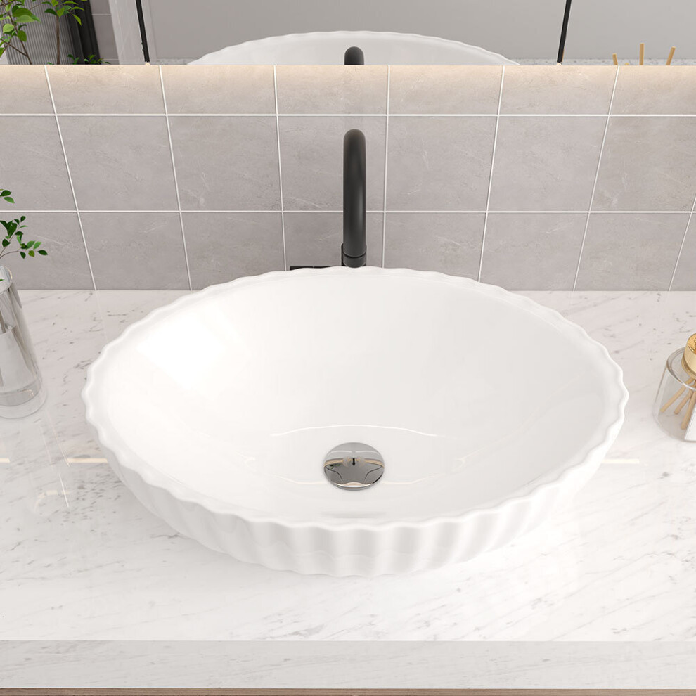 Artistic Oval Ceramic Vessel Sink Bowl - White with Scalloped Exterior, Countertop Installation, Wide Basin, Includes Basin Waste