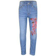 (11-12 Years, Mid Blue) Kids Girls Embroidered Denim Jeans Stretchy Pants