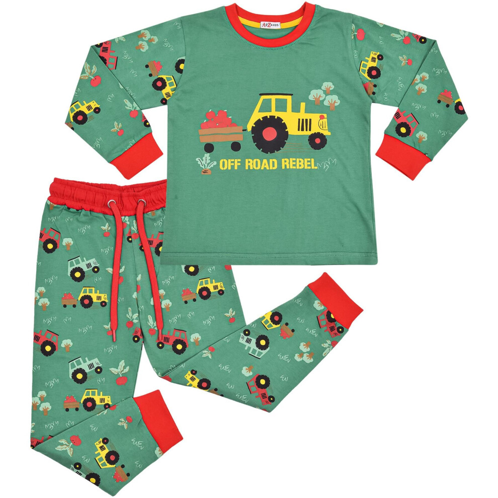 (11-12 Years) Kids Unisex Pyjamas Tractor Contrast Top Bottom