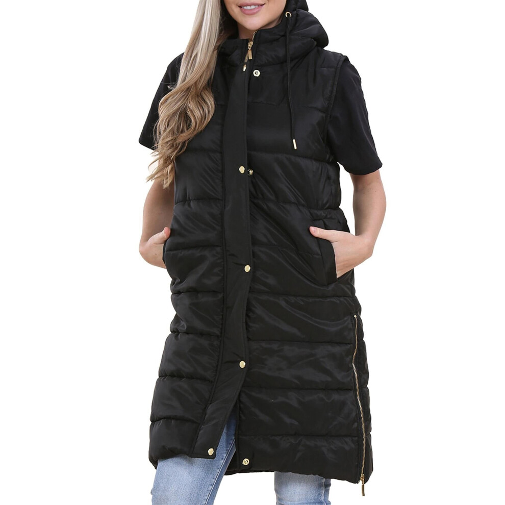 (24-26, Black) Ladies Down Vest Oversized Gilet Long Line Jacket