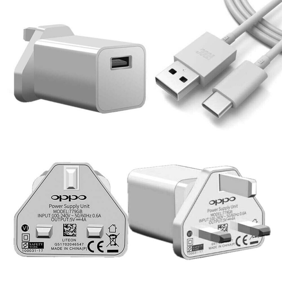 (Charger & Cable) Official OPPO VOOC 20W Fast Rapid 3 Pin UK Charger Plug USB-C Cable