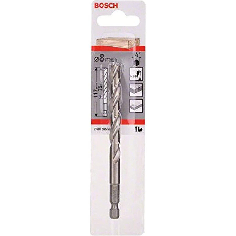 Bosch 2608595523 Hex Shank Wood Drill Bit, 8mm x 75mm x 117mm, Silver