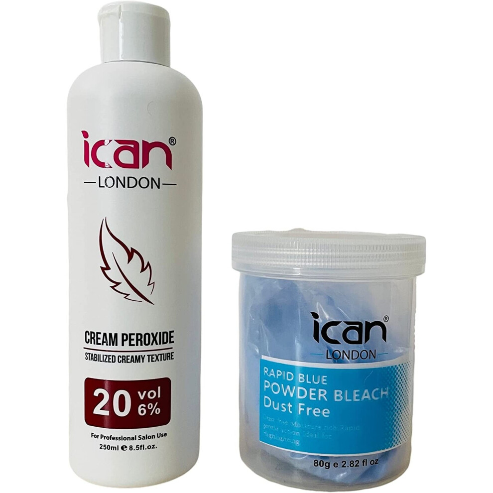 ICAN LONDON PROFESSIONAL CREAM PEROXIDE 20 VOL 6% 250 ML + RAPID BLUE POWDER BLEACH (JAR)80 G SET