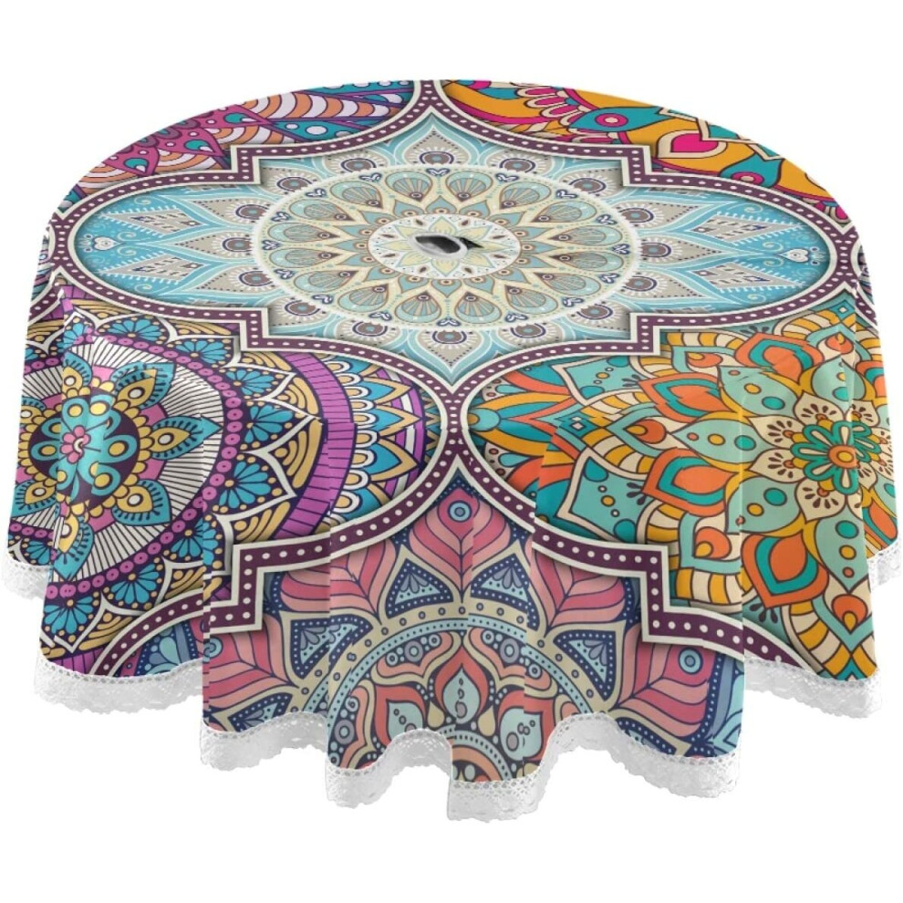 Xigua Mandala Round Tablecloth with Umbrella Hole and Zipper Outdoor Tablecloth Spill-Proof Polyester Table Cover for Kitchen Patio Garden Party