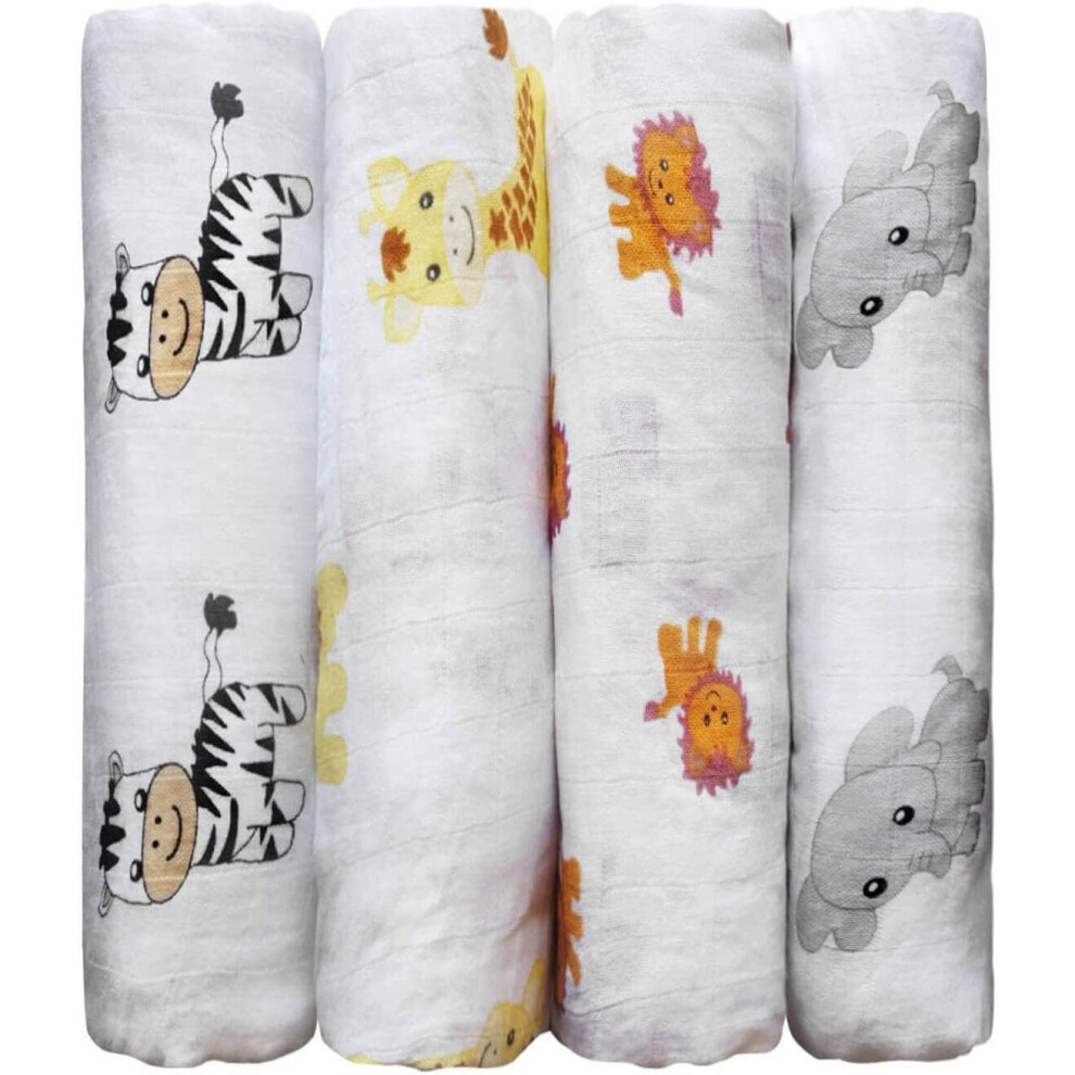 Muslin Baby Swaddle Blankets for Boys and Girls 0 to 3 Months - Large 4 x 4 Feet ? Unisex 100% Premium Muslin Cotton Baby Blankets - 4 Pack (Safari