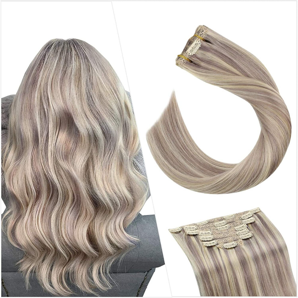 Ugeat 14inch Clip in Real Hair Extensions Double Weft Remy Human Hair Full Head 7Pcs 100g Ash Blonde Highlighted Bleach Blonde Thick Straight Hair