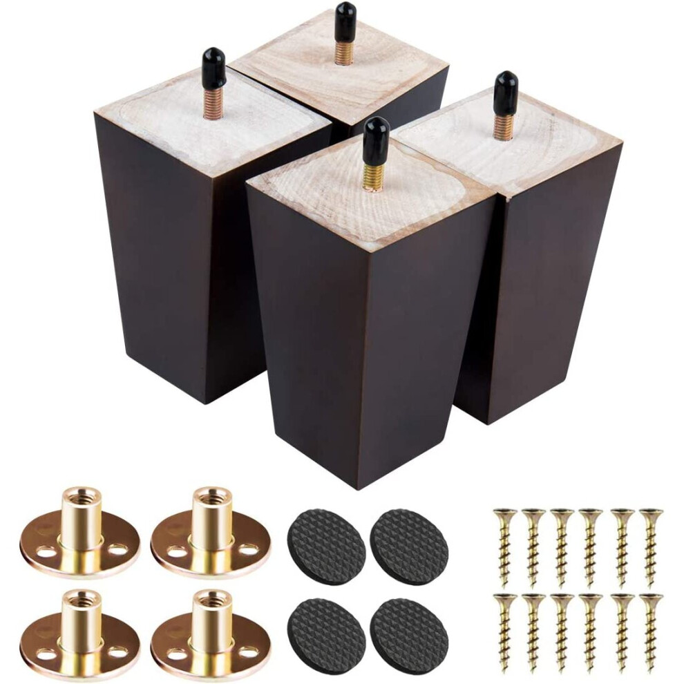 Btowin 5 Inch Solid Wood Furniture Legs, 4Pcs Mid-Century Modern Wooden Pyramid Replacement Feet With Threaded 5/16'' Hanger Bolts & Mounting Plate &