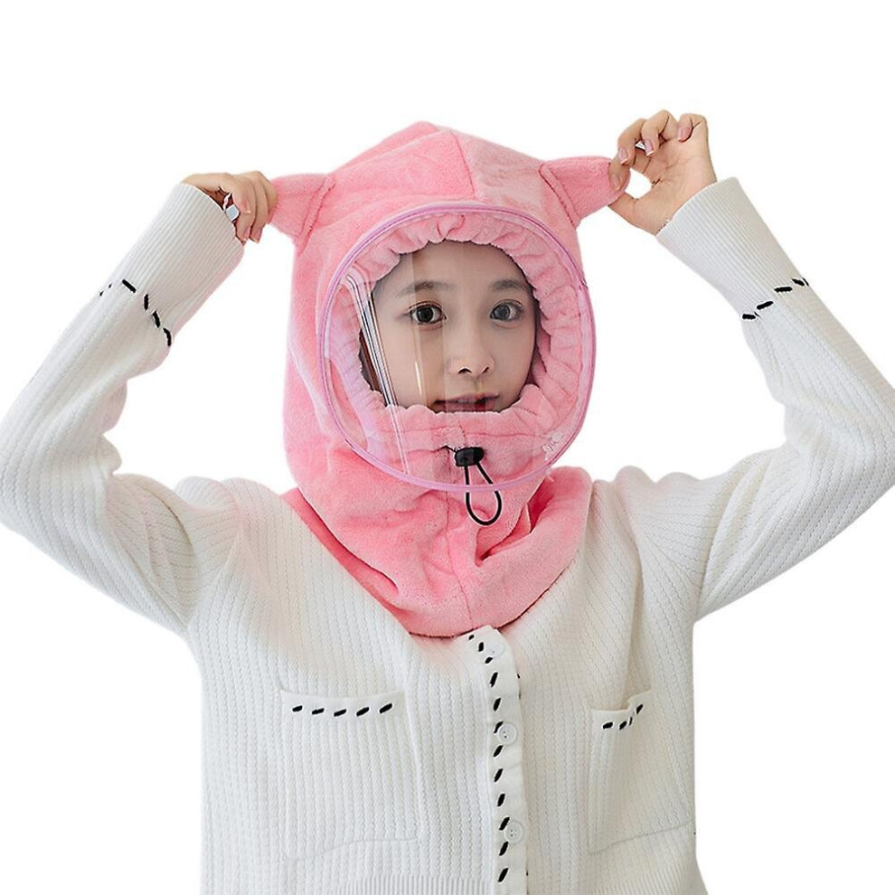 (Pink) Thicken Hood Hat Windproof Warm Riding Hat With Detachable Face Shield Pink 768679808371