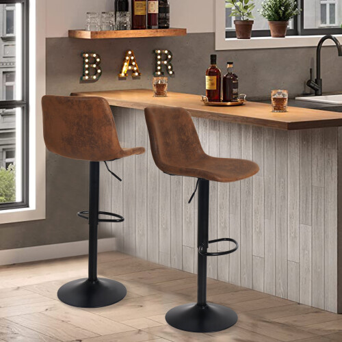 Kitchen Bar Stool Chair Set: 2 Leather Brown Bars Stools 2