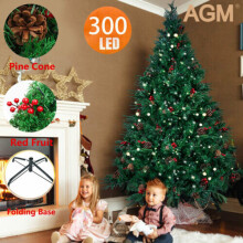 7FT Artificial Christmas Tree with Red Fruit Metal Stand 300 Lights