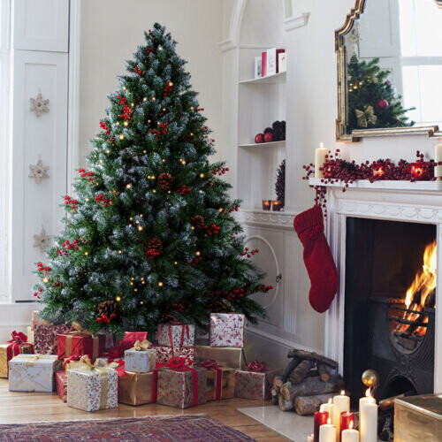 6FT Artificial Christmas Tree with Red Fruit Metal Stand 300 Lights
