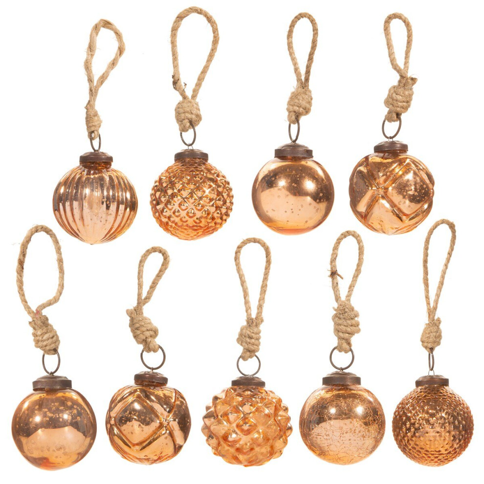 Copper Christmas Tree Mini Baubles Hanging Glass Crackle Decorations Set of 9