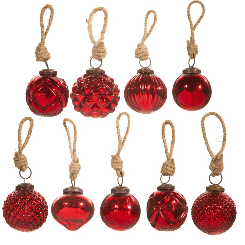 Red Christmas Tree Mini Baubles Hanging Glass Crackle Decorations Set of 9