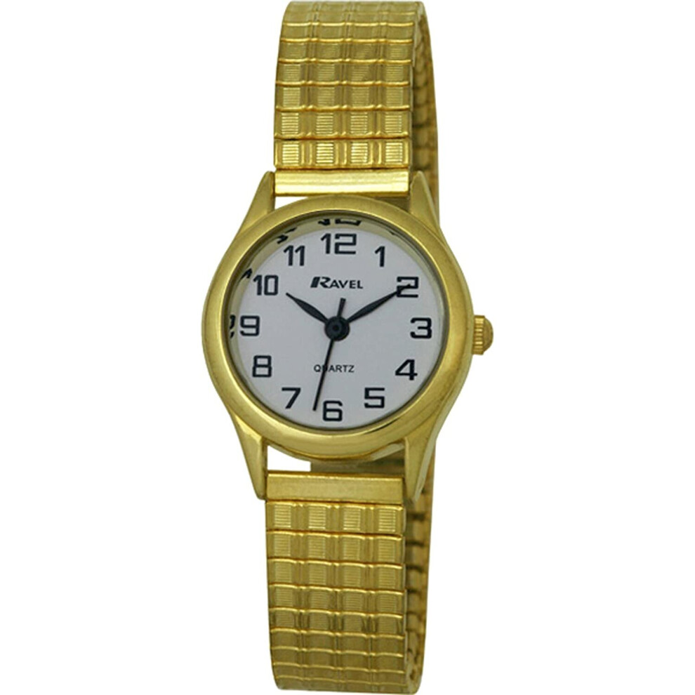 Ravel Easy Read Watch on Expandable Women's Quartz Watch with Gold Dial Analogue Display and Gold Stainless Steel Gold Plated Bracelet R0301072S