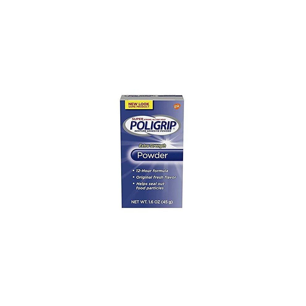 Super Poli-Grip Poligrip Super Denture Adhesive Powder, Extra Strength, 1.6 Oz (45 G) One Bottle