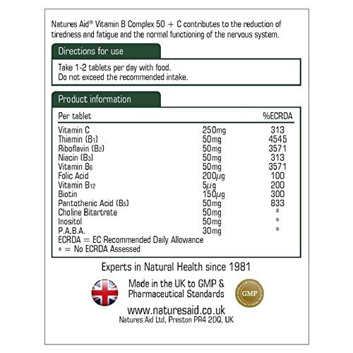 Natures Aid Natures Aid Vitamin B Complex 50 + C (High Potency) with Vitamin C - 90 Tablets 2