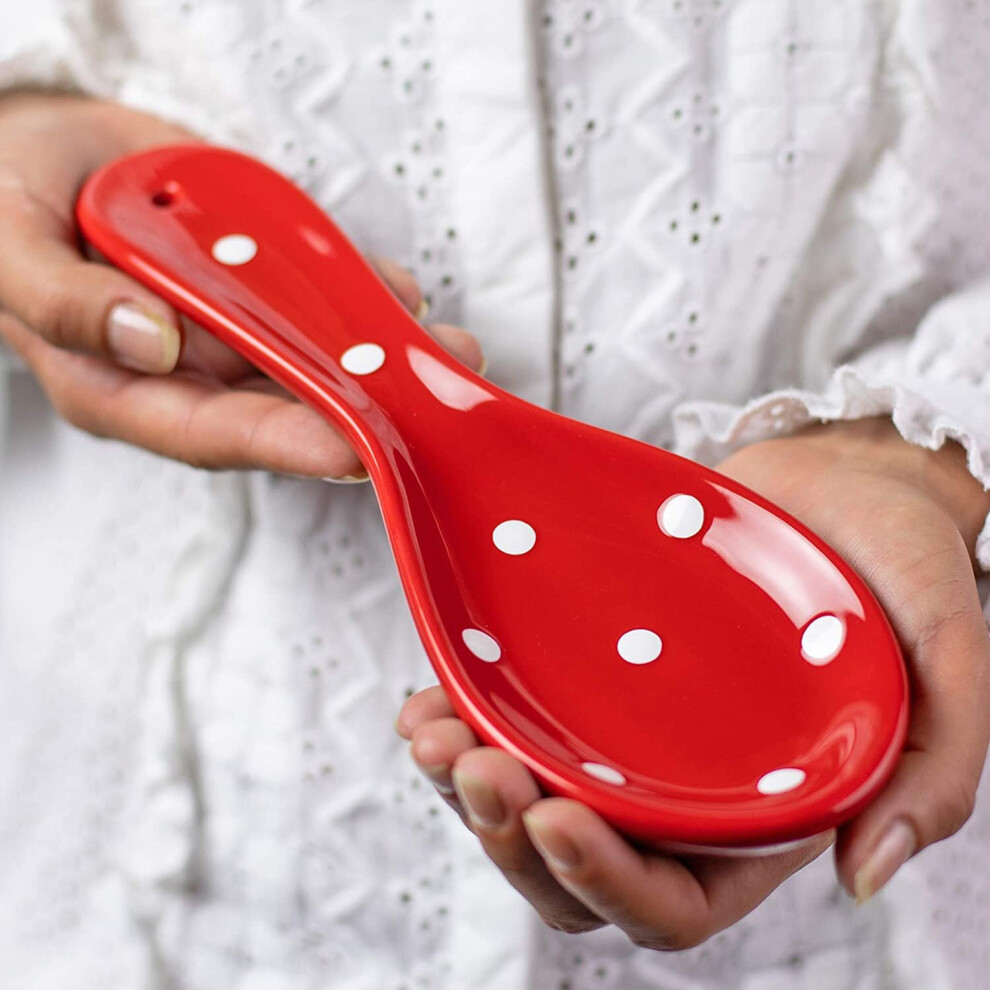 City to Cottage? Red and White Polka Dot Handmade Hand Painted Ceramic Kitchen Cooking Spoon Rest | Utensil Holder