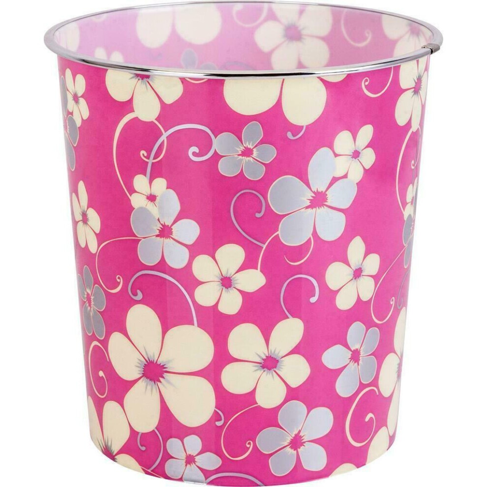 Waste Paper Dust Bin Round Plastic Floral Pattern Pink Floral