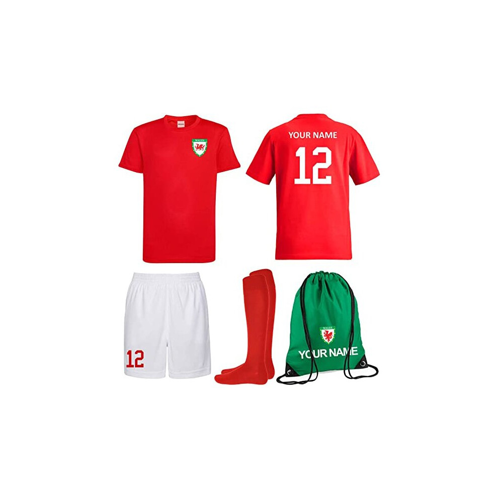 (12-13 Years) ProspoÂ® Personalised Kids Wales Style Away Football Kit Shirt Shorts Socks & Bag