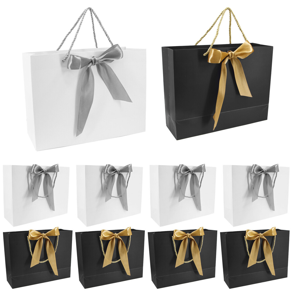 (Black/Gold & White/Silver, 8PCS) Time to Sparkle 32x25x11CM Gift Bags Parties Gift for Kids and Adults Twisted Wedding Birthdays Events Shopping Festival Wrapping Presents