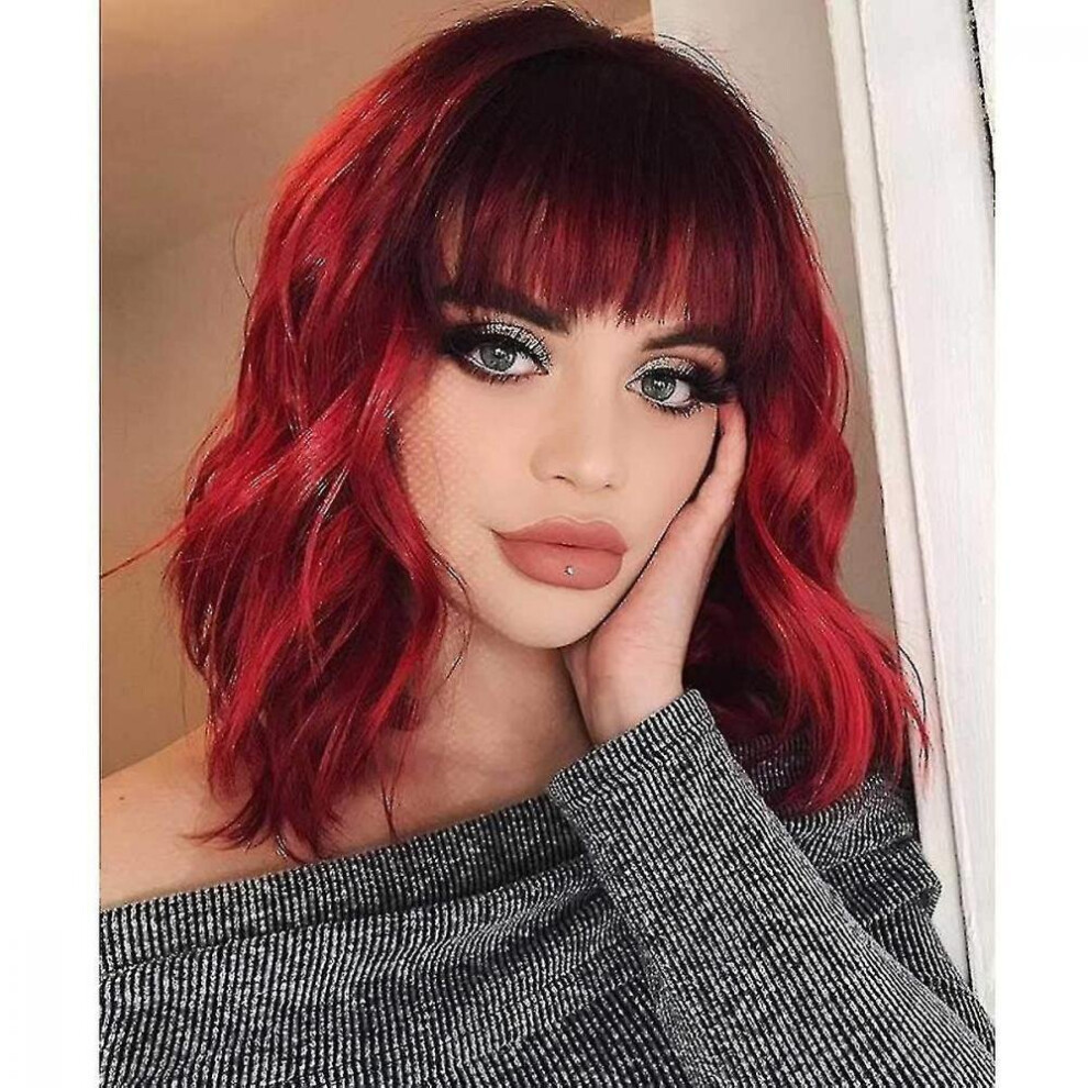 Pastel Wavy Red Auburn Wig With Air Bangs Women's Short Bob Red Wig Curly Wavy Shoulder Length Paste